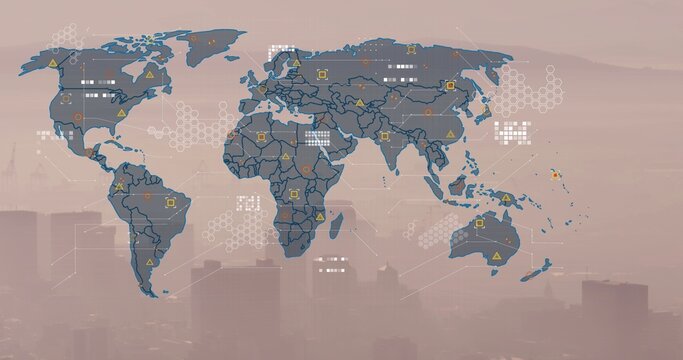 Displaying world map overlay projecting network lines and icons over hazy urban skyline, smog layer