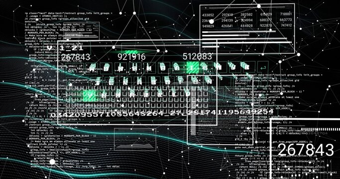 Displaying translucent keyboard at cyberspace center, showing code panels numeric IDs teal waves