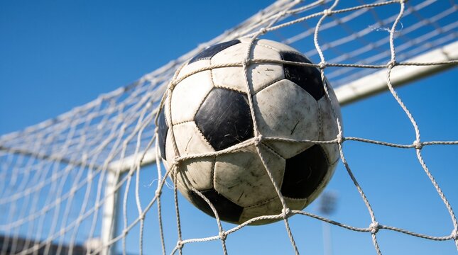 A classic black-and-white soccer ball rests securely trapped in the meshes of a white goal net against a bright blue sky background.   