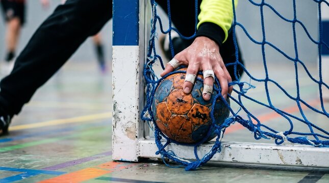A focused player's hand with taped fingers reaches into the blue goal net to carefully retrieve an old, worn handball during an indoor match.   