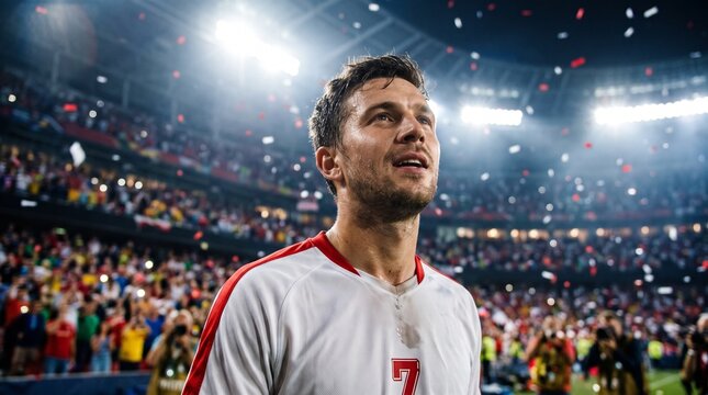 An emotional male athlete looks up in awe and pride as confetti falls all around him in a packed stadium following an unforgettable match.