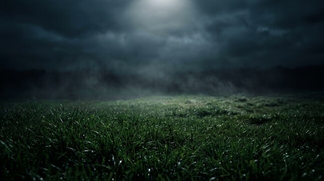 A moody, atmospheric dark night scene featuring a lush, dew-kissed green grassy field illuminated by a dramatic overhead spotlight amid rolling fog and clouds.