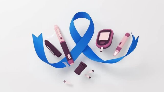 Animated diabetes supplies with a blue ribbon symbolizing awareness