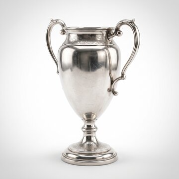 A classic ornate silver trophy cup with two elegant handles, intricate engraved details, and a pedestal base, isolated against a clean white background.