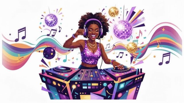 DJ woman mixing music at lively party with colorful decorations