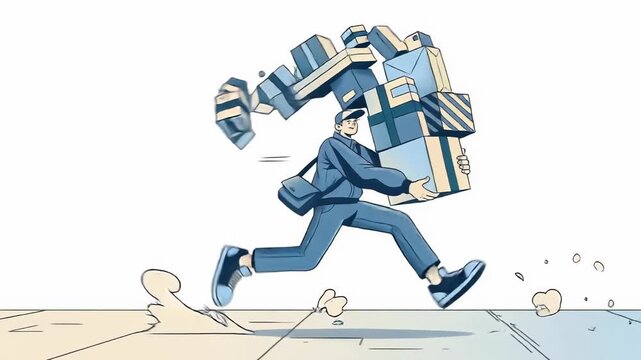 Delivery person running with packages in a dynamic cartoon style