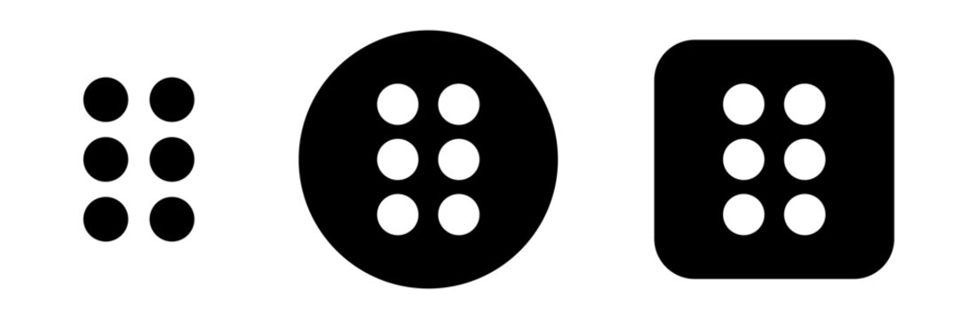 Drag handle icon set with six dot grip symbols. Reorder and move control buttons for sortable lists, navigation UI, page builders and app interfaces