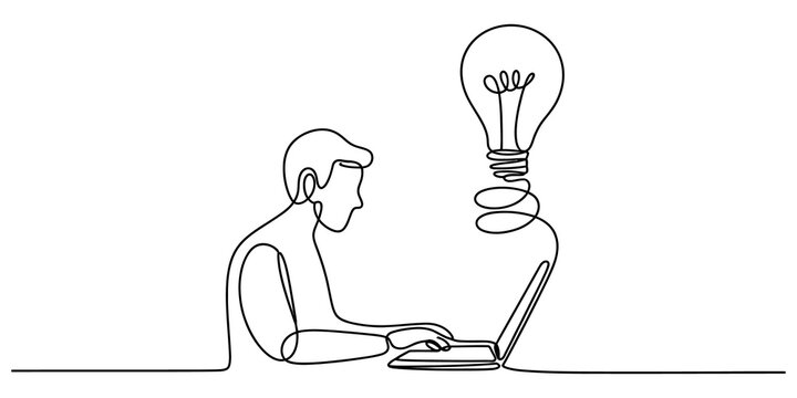 Continuous single line drawing of a man working on a laptop computer with a creative light bulb idea symbol rising above the screen isolated on transparent background