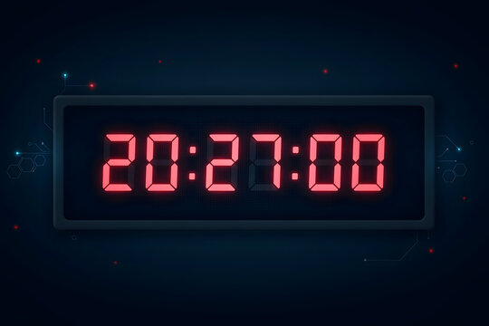Digital clock display showing twenty seven hours in glowing red led numbers on a dark blue background, with abstract circuit, board patterns