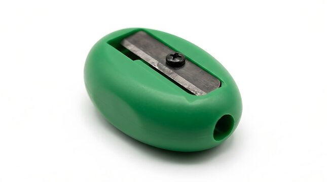 Single green plastic pencil sharpener resting on white surface with office suppl