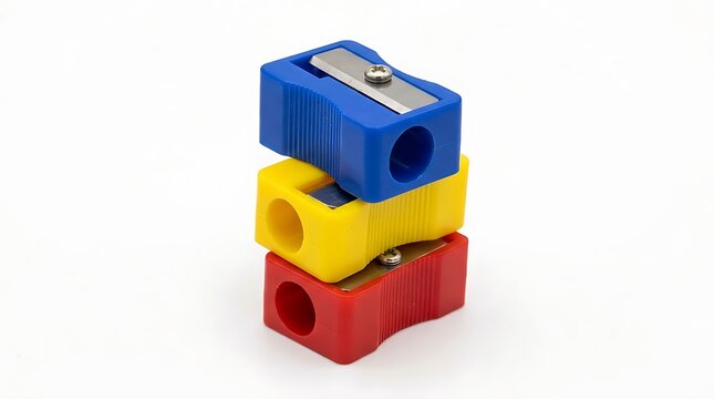 Stack of colorful plastic pencil sharpeners isolated on white background