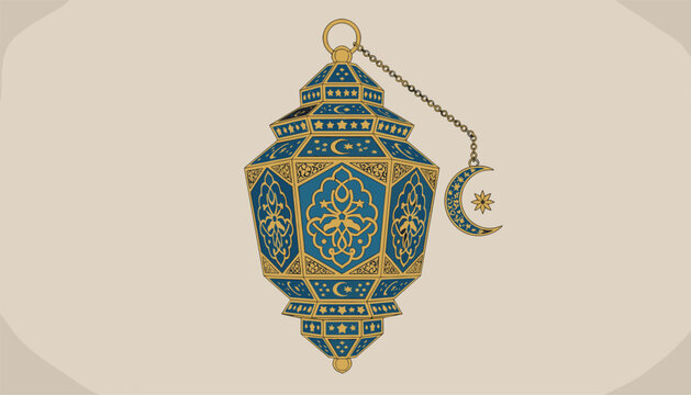Ornate Islamic Ramadan lantern hanging against beige backdrop