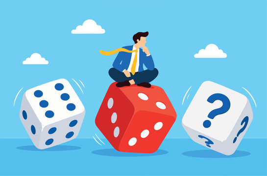 Business decision, chance and uncertainty to win business, risk, randomness or luck, advice or suggestion concept, businessman meditate on rolling dice think of result of right, wrong question mark