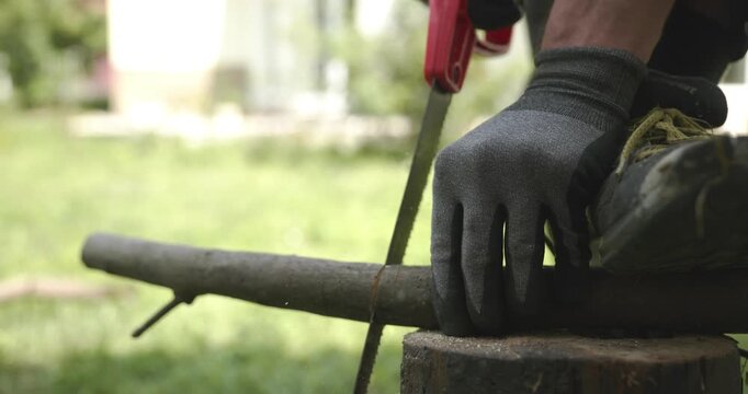 Male hands sawing twigs branches with a hand saw. 4K 10-bit
