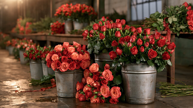 A flower shop workshop, 5 a.m. on the eve of Valentine&rsquo;s Day: dozens of buckets filled with red and coral roses sit on a damp concrete floor, while tied-up bouquets wait on a long wooden table; 