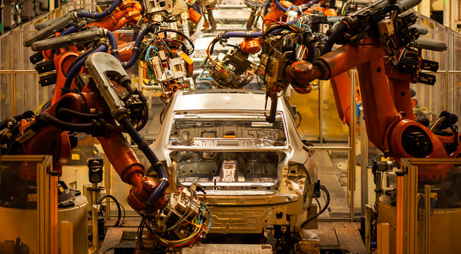 Automotive factory assembly line, industrial robotic arms spot welding car body-in-white shell, automated automobile manufacturing plant with welding sparks 
