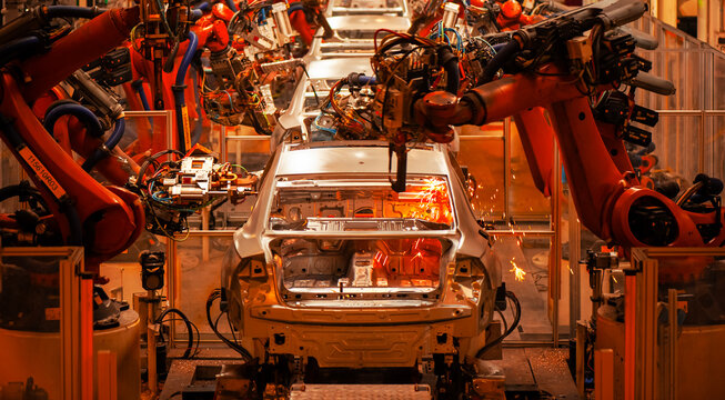 Automotive factory assembly line, industrial robotic arms spot welding car body-in-white shell, automated automobile manufacturing plant with welding sparks 