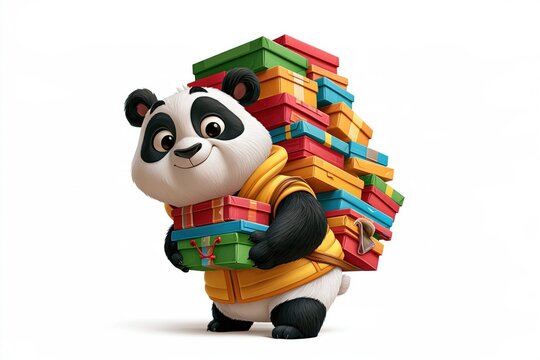Festive panda carrying gifts in a playful illustration