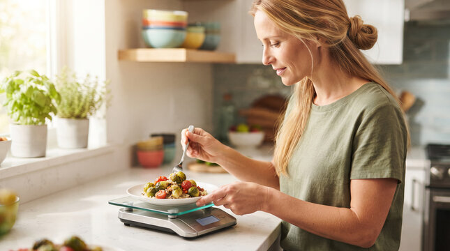 Woman weighing a healthy salad on kitchen scale while preparing a meal. Weight loss and portion control. Healthy eating, nutrition and diet planning. Balanced lifestyle and wellness