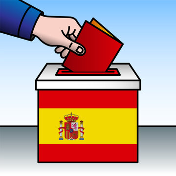 Spain, ballot box, flag and hand inserting a ballot paper into a ballot box, vector illustration