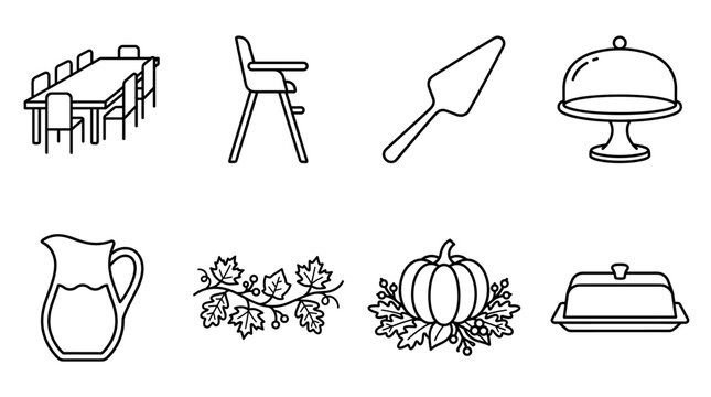 Thanksgiving Table Settings and Serving Accessories: long dining table with chairs, high chair, pie server, cake stand, water pitcher, autumn leaf garland,