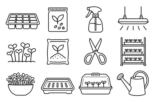 Black line illustrations of seed starting supplies, seedlings, and indoor gardening tools