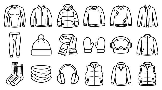 Winter Clothing Layers and Thermal Accessories: thermal base layer shirt, fleece jacket, insulated winter coat, wool sweater, thermal leggings, beanie, scarf,