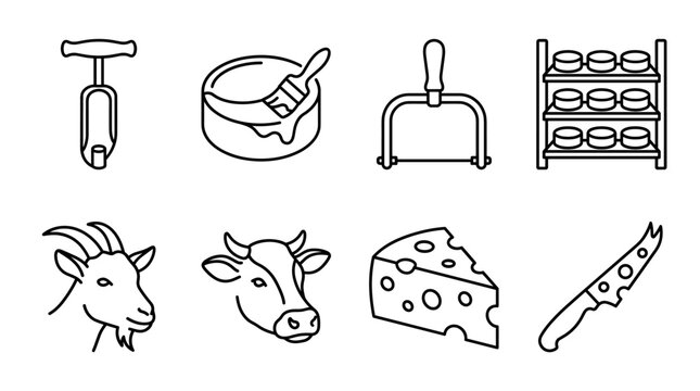 Artisan Cheesemaking Tools and Production Stages: cheese trier, wax-coated wheel, wire cutter, cheese cave shelf, goat, cow, wedge with holes, cheese knife.