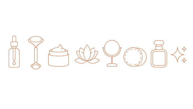 Minimal line art icons of skincare products, beauty tools, a lotus flower, and sparkles