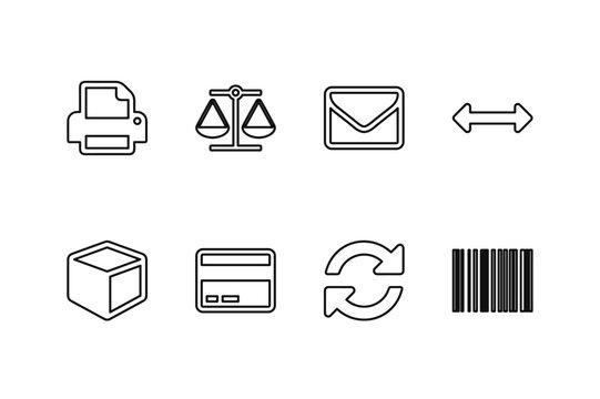 Black outline icons for shipping, payments, email, balance, and online store functions