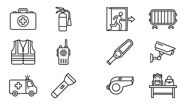 New Year's Eve event safety, security and emergency response: first aid kit, fire extinguisher, emergency exit door, crowd barrier, hi-vis vest, walkie-talkie,