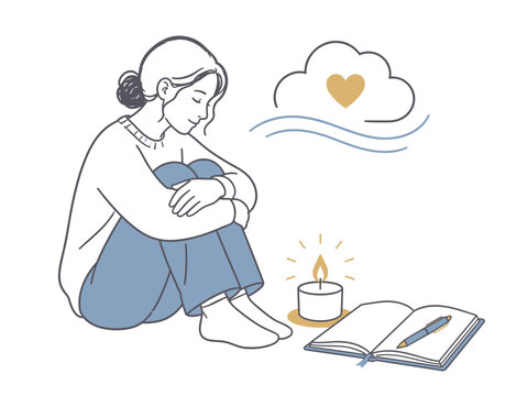 Illustration of a woman reflecting beside a candle, open journal, and heart-shaped cloud