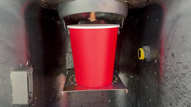 Red paper cup stands inside coffee vending machine dispenser tray close up. Automated self service hot beverage making process, morning espresso caffeine brewing technology layout.
