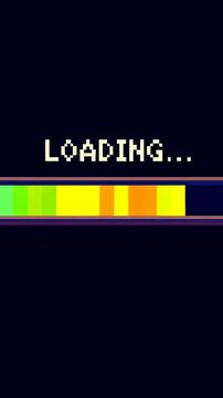 Pixel loading screen with animated progress bars on a dark digital interface. Software interface design, website loading sequence, and app development presentation.