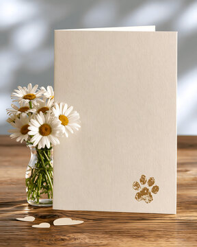A minimalist card for expressing the unconditional love we hold for our pets. A small pot of daisies and our pet&rsquo;s paw print serve as symbols of our affection.
