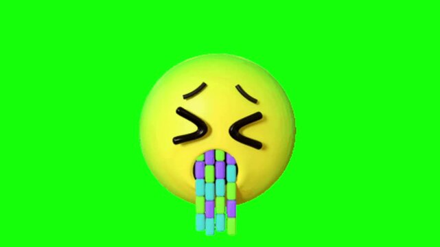 3D vomiting yellow emoji with green screen background showing nausea expression and pixelated blocks animation