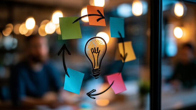 Circular workflow of colorful sticky notes with clockwise arrows drawn around a central lightbulb sketch on a glass wall office in soft focus behind agile process iteration circular