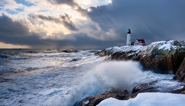 snow covers the shore near a lighthouse with waves crashing under a cloudy sky