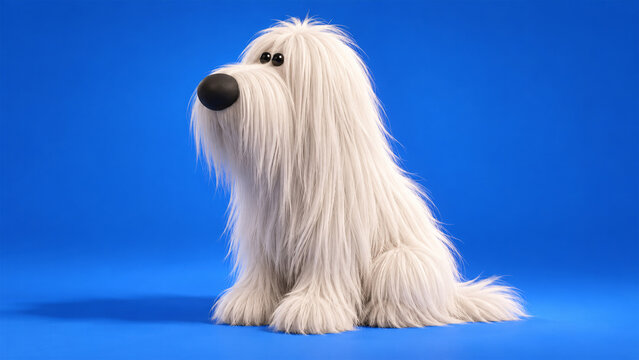 Cute fluffy white cartoon dog with long shaggy fur, oversized black nose and playful googly eyes sitting against a vibrant blue studio background, adorable 3D animated pet character