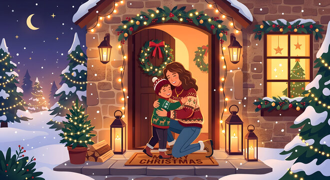 Mother and child hugging warmly at a festive decorated stone house entry during a snowy winter night