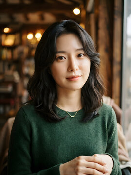 Young Asian woman with dark hair smiling gently in a cozy cafe wearing a green sweater
