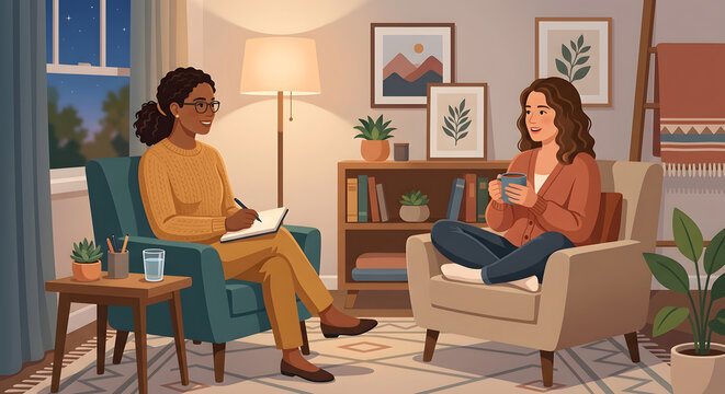 Two women having a therapy session in a cozy, warm-lit office with artwork and plants