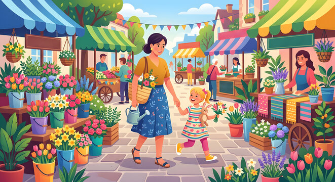 Mother and Daughter at a Vibrant European Flower Market