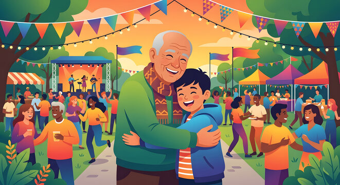Grandfather and grandson hugging happily at a vibrant outdoor festival with colorful banners and lights