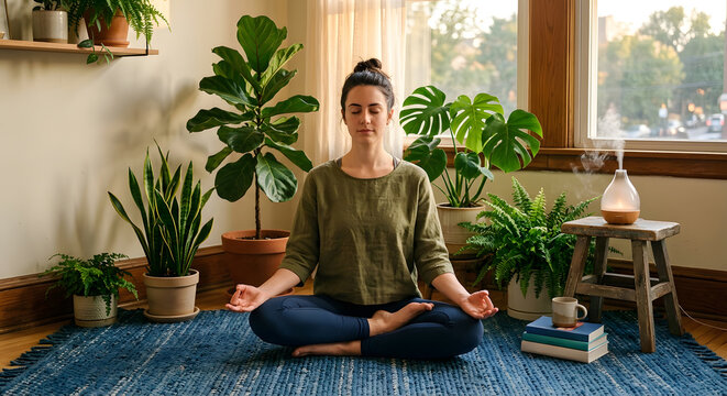 Woman meditating peacefully on a blue rug surrounded by houseplants in a sunlit room