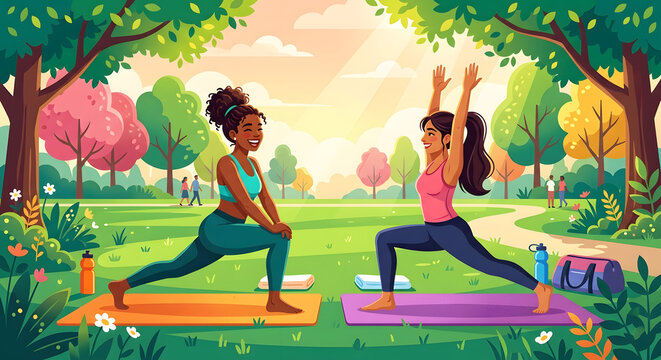 Two Women Practicing Yoga in a Vibrant Sunny Park