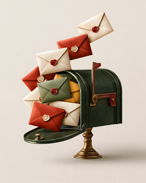 A charming flat illustration of a vintage mailbox overflowing with colorful envelopes sealed with small, hand-drawn heart-shaped stamps; a few envelopes float in the air like birds. 