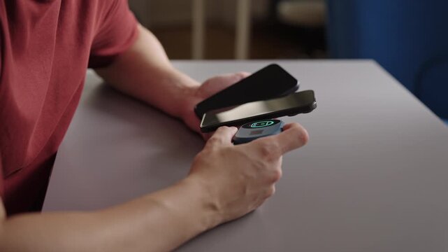 Male user handling two smartphones, one with magnetically attached power bank, connecting to portable wi fi router placed on desk, concept of mobile data and charging, close-up, slow motion.