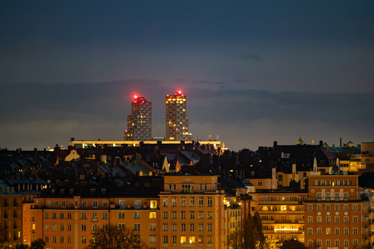 Stockholm, Sweden A night view over Kungsholmen towards the Norra Torn, North Towers, residential towers.