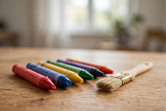 Colorful Crayons Beside a Small Paintbrush on a Wooden Table